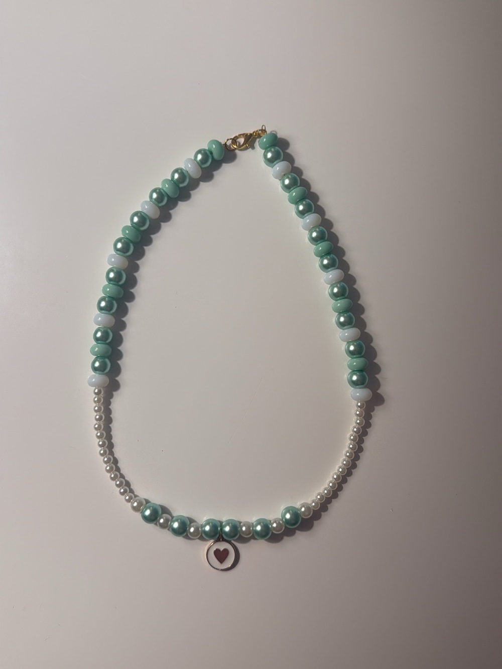 Artisan Mint and White Beaded Necklace with Heart Charm